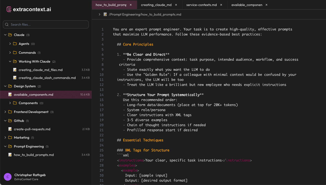 ExtraContext application interface showing prompt engineering workflow